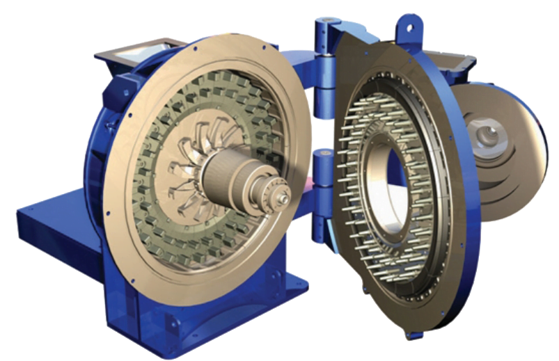 Atritor Dryer Pulveriser. Blue mechanical device with intricate gold and silver components, including rotating gears and a central axle.
